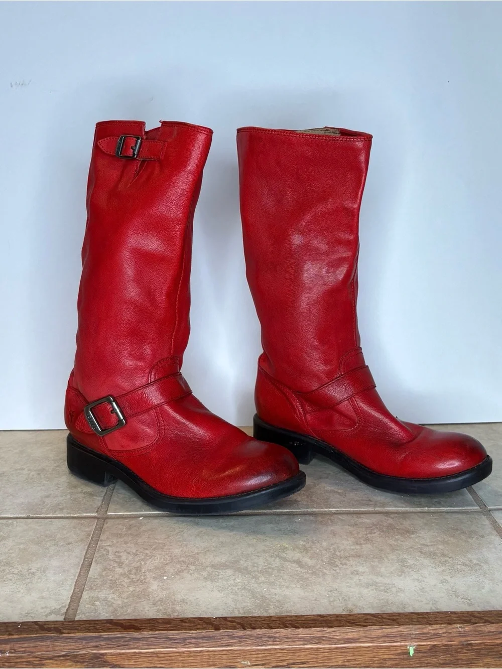 Boys Frye Red Leather Mid-Calf Buckle Boots